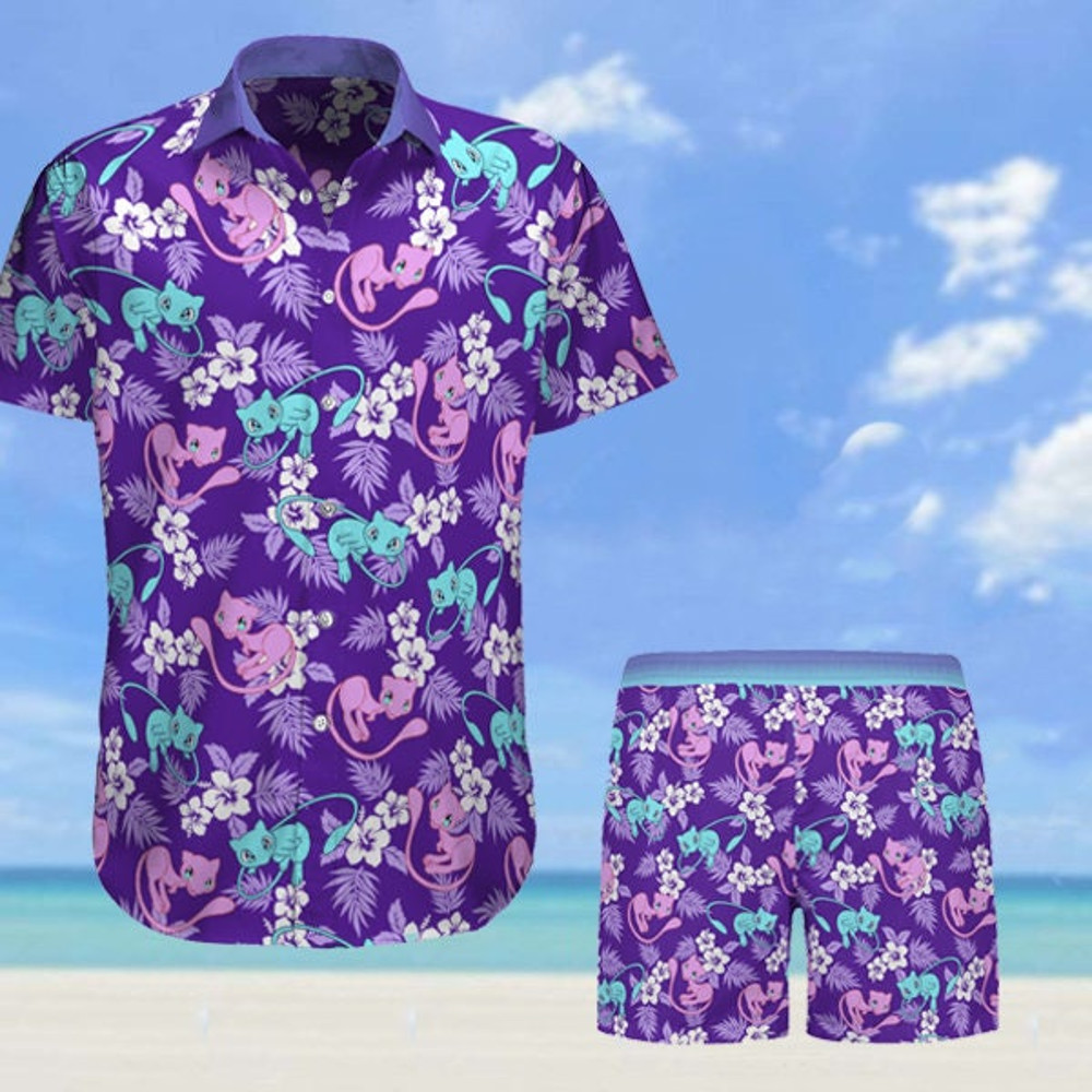 Mew Tropical Hawaiian Shirt, Beach Shirt 2024, Cartoon Characters Hawaiian Shirt and Shorts Set, Poke Shirt, Shirt for Summer Vacation.jpg