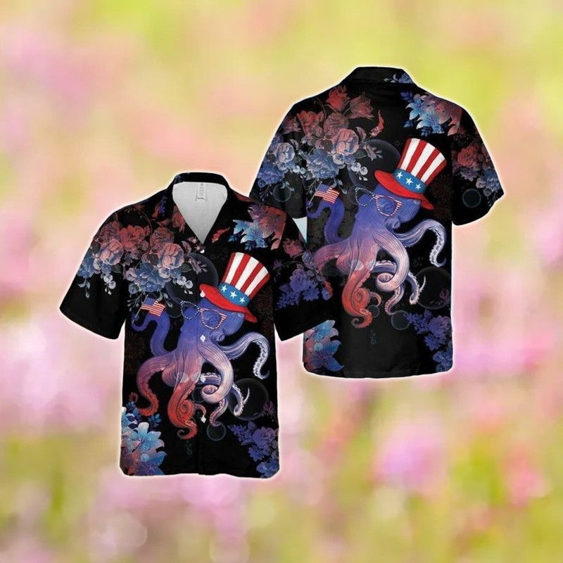 Octopus Celebrates 4th Of July Hawaii Shirt, Octopus Independence Day Hawaiian Shirt, Funny Octopus USA Flag Shirt, Animal Patriotic Gift.jpg