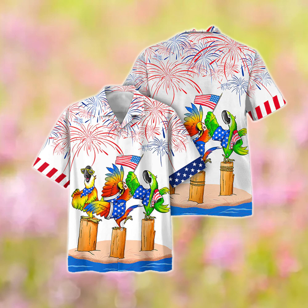 Parrot Independence Day Hawaiian Shirt, Patriotic USA Flag Hawaii Shirt, 4th Of July Button Up Short Sleeve Shirt, Memorial Day Gift.jpg