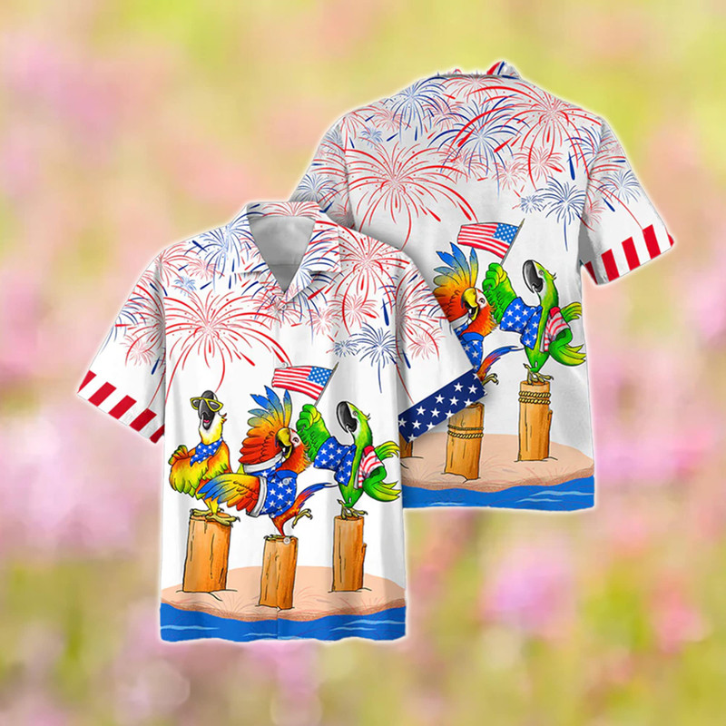 Parrot Independence Day Hawaiian Shirt, Patriotic USA Flag Hawaii Shirt, 4th Of July Button Up Short Sleeve Shirt, Memorial Day Gift.jpg