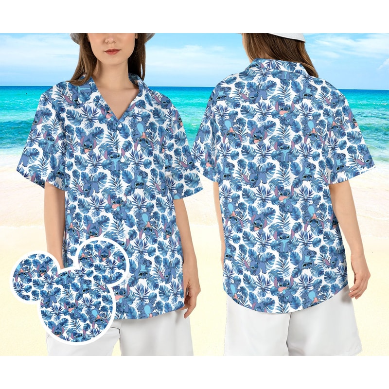 Stitch Tropical Leaves Hawaiian Shirt, Cute Stitch Lover Hawaii Shirt, Lilo& Stitch Beach Aloha Shirt, Disneyland Blue Alien Button Up Shirt.jpg