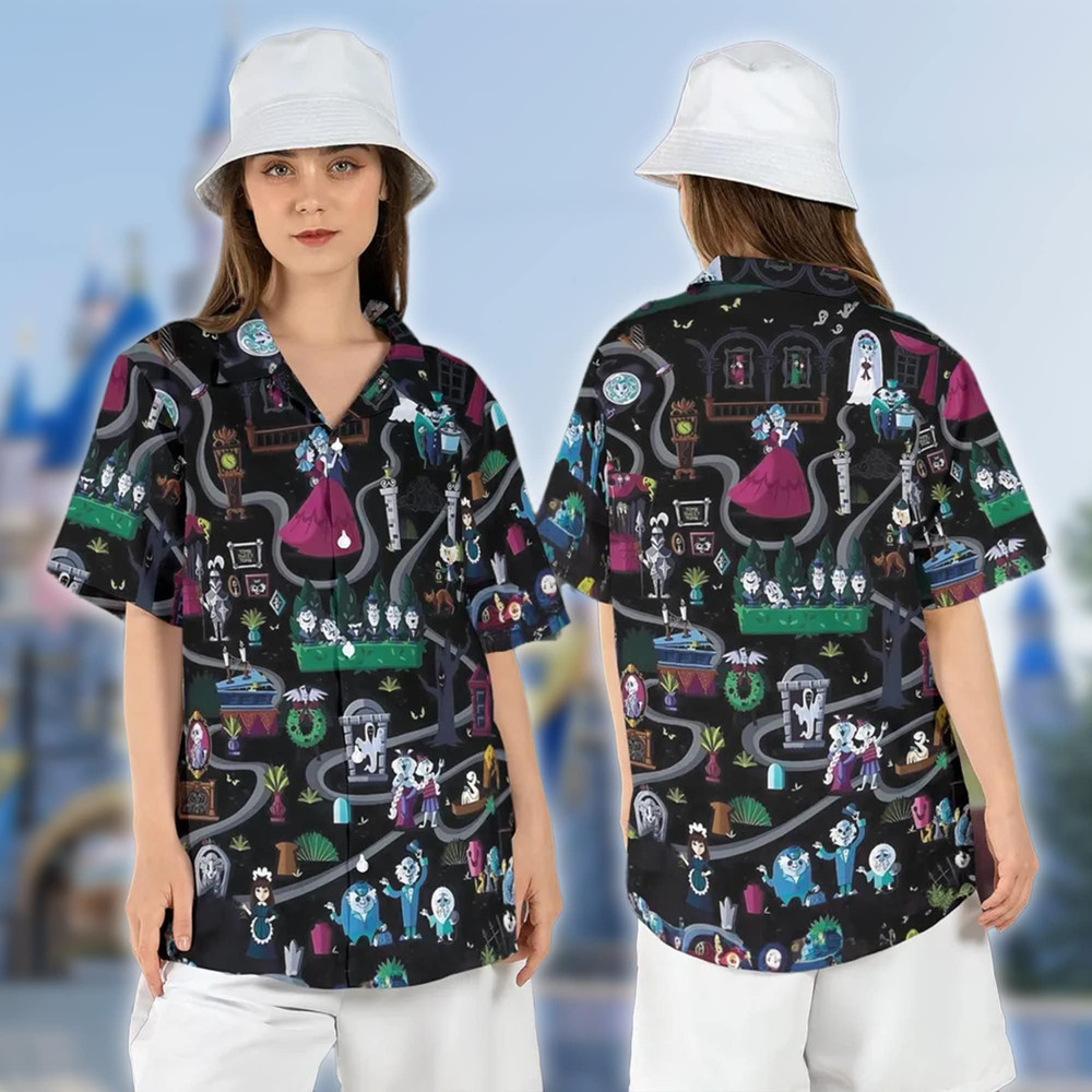 Haunted Mansion Map Hawaiian Shirt, Stretching Room Hawaii Shirt, Haunted Mansion Button Up, Summer Vibe Group Shirt, Halloween 3D Tee.jpg