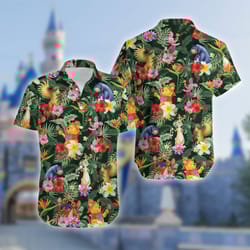 winnie pooh tropical shirt, pooh bear summer shirt, floral bear and friends summer vacation shirt, eeyore piglet button