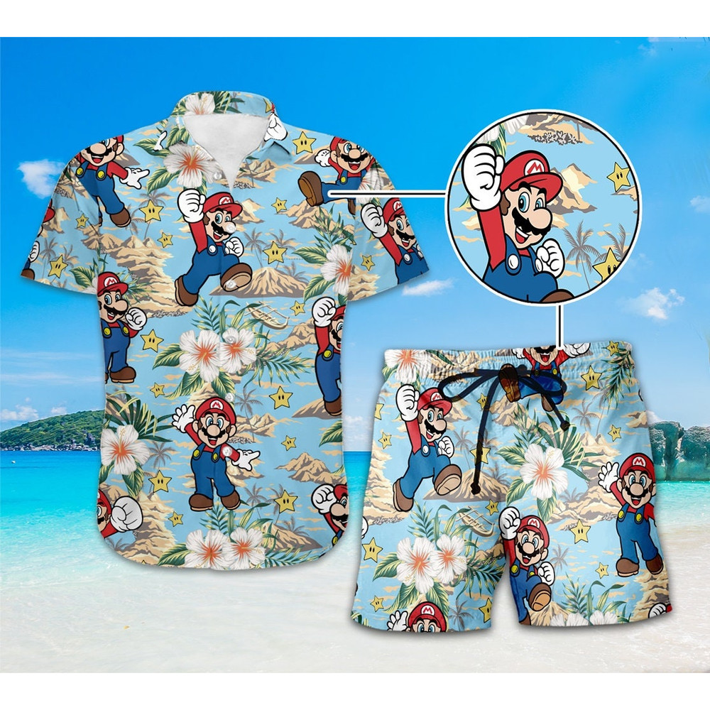 Mario Summer Hawaiian Shirt, Super Mario Hawaiian Shirt, Summer Beach Shirt, Mario Birthday Shirt Gamer Gift, Family Vacation 2024 Shirt.jpg