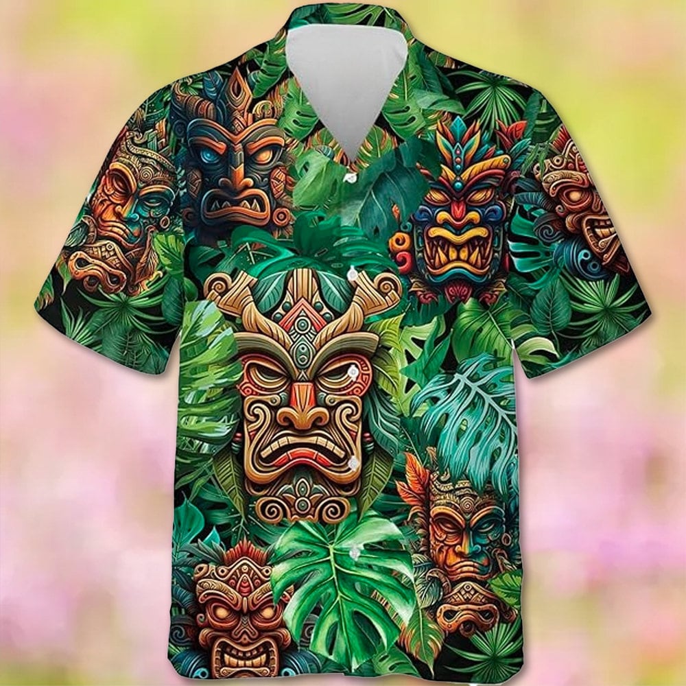 Tropical Tiki Hawaiian Shirts for Men, Aloha Tropical Button Down Shirt, Summer Beach Hawaiian Shirt Short Sleeve, Summer Trip Gift.jpg