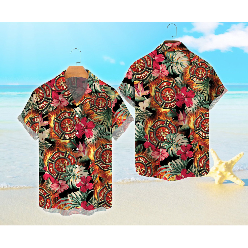 Firefighter Hawaiian Shirt, Summer Fire Department Button Down Shirt, Fireman Tropical Summer Hawaiian Shirt, First Responder Shirt.jpg