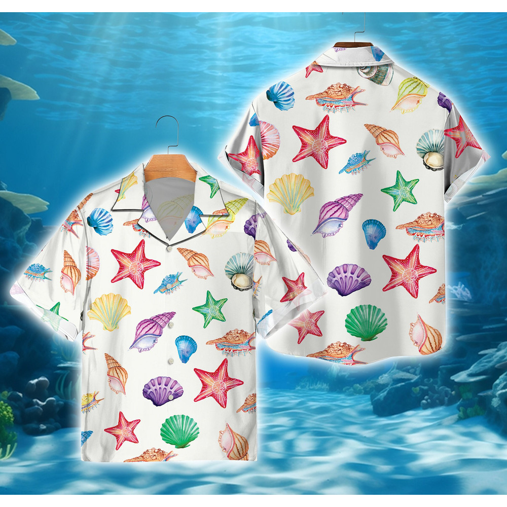 Funny Sea Shell Hawaiian Shirt, Aloha Summer Button Down Shirt, Vacation Summer Vibes, Ocean Starfish Seashell Hawaiian Shirt.jpg