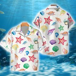 funny sea shell tropical shirt, aloha summer button down shirt, vacation summer vibes, ocean starfish seashell tropical