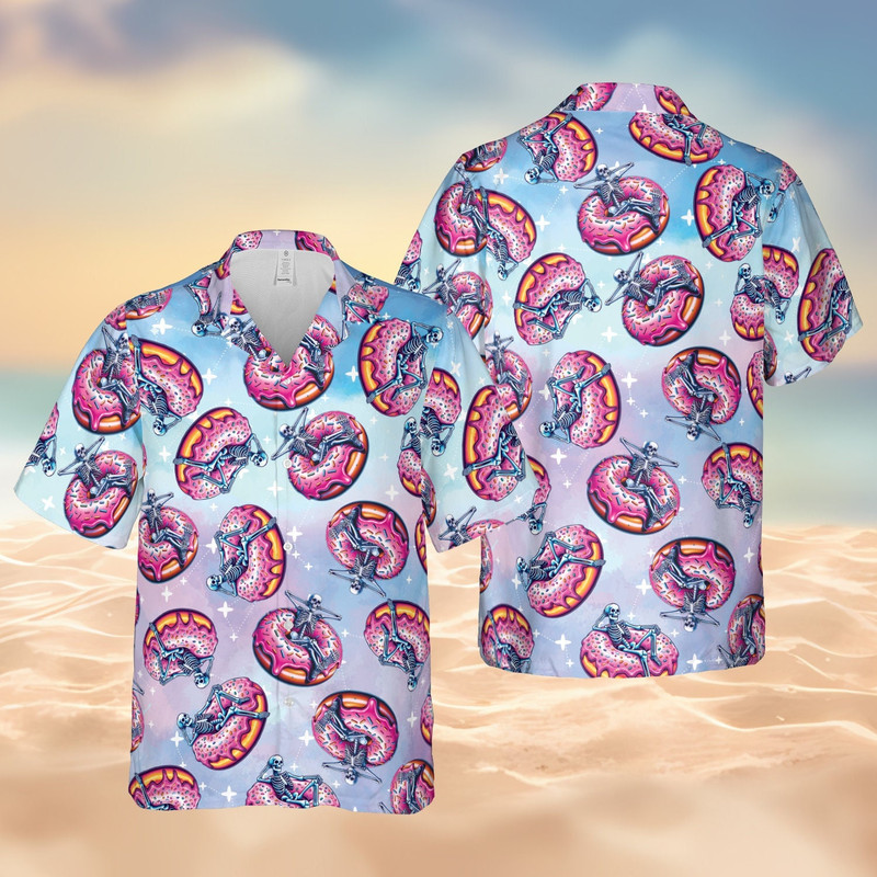 Funny Summer Skeleton Hawaiian Shirt, Donut Float Button Up Shirt, Beach Summer Shirt, Watercolor Summer Halloween Seamless Shirt.jpg