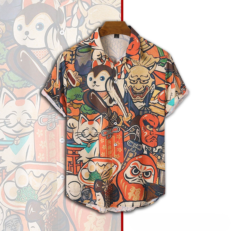 Japanese Culture Aloha Hawaii Shirt - Vibrant Hawaiian Style with Lucky Cats, Daruma Dolls, and Traditional Symbols for a Unique Summer Look.jpg