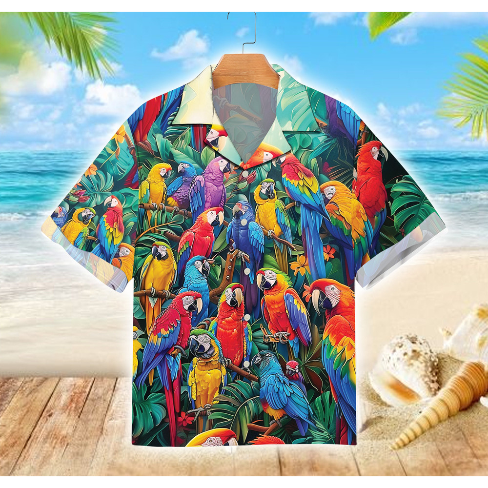 Parrot Hawaiian Shirt, Summer Party Button Down Shirt, Tropical Forest Summer Shirt, Parrot Lover Gift, Summer Vacation Shirt.jpg
