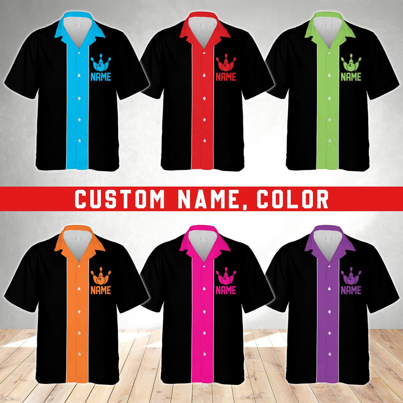 Personalized Retro Bowling Hawaiian Shirt, Custom Name Bowler Button Down Shirt, Matching Bowling Team Shirt, Bowling Lover Gift 1.jpg