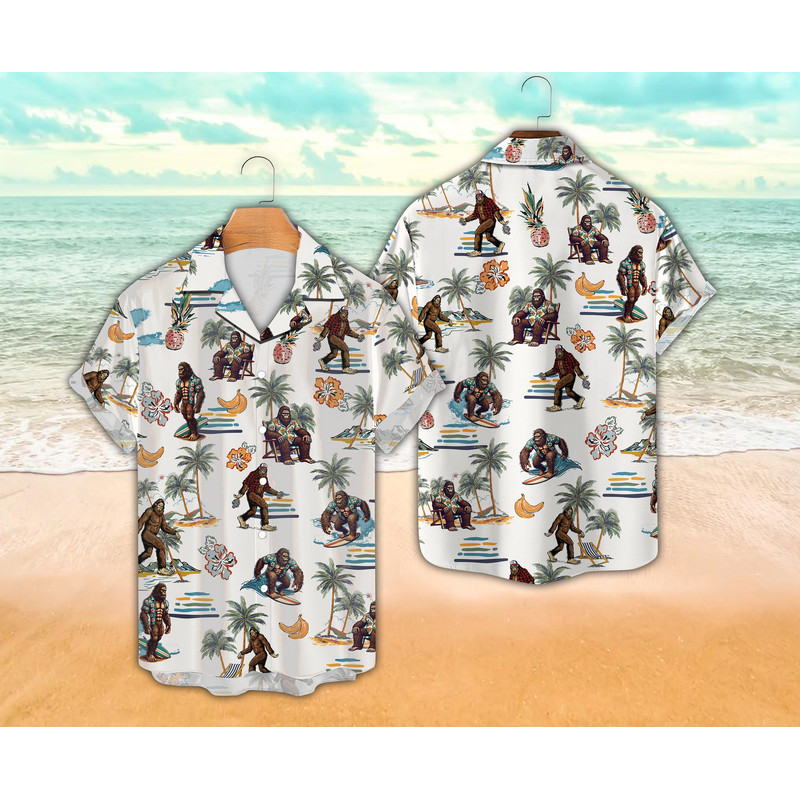 Summer Beach Bigfoot Hawaiian Shirt, Sasquatch Surfing Button Down Shirt, Beach Vacation Hawaiian Aloha Shirt, Gift For Bigfoot Lover.jpg
