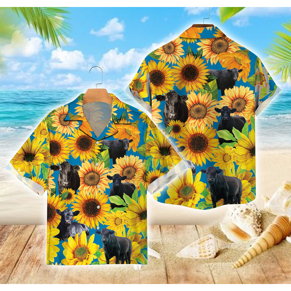 Sunflower Black Angus Hawaiian Shirt, Cow Lover Summer Button Down Shirt, Funny Black Angus Aloha Summer Hawaiian Shirt.jpg