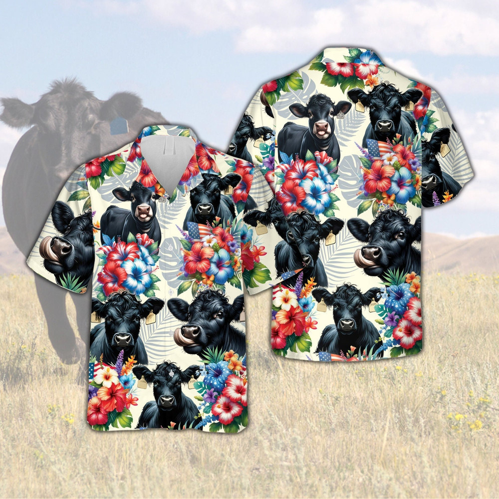 Tropical Black Angus Hawaiian Shirt, Black Angus Cow Lover Button Down Shirt, Tropical Hibiscus Shirt, Black Angus Aloha Summer Hawaiian.jpg