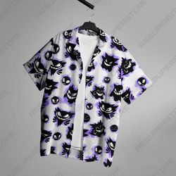 gengar tropical button-up shirt, apparel for fans of the mischievous ghost gengar shirt,