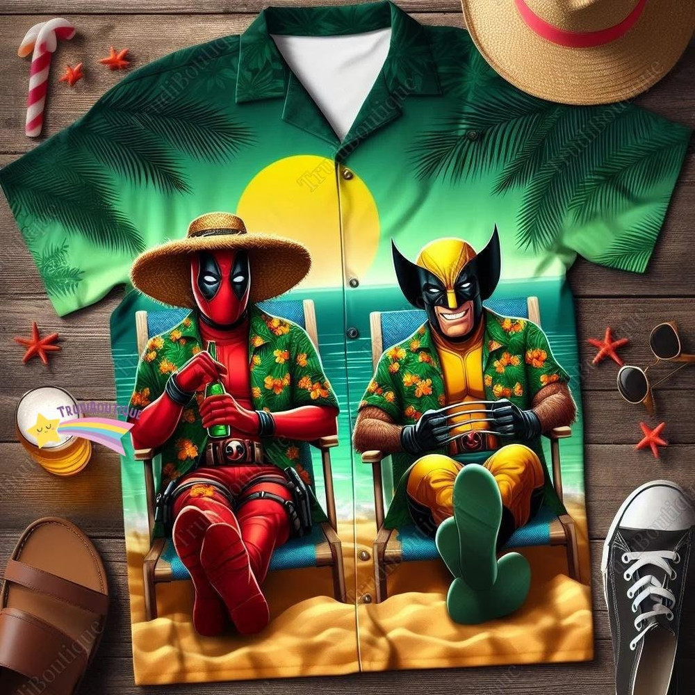Deadpool Hawaii Shirt, Wolverine Button Up Shirt, Deadpool And Wolverine Beach Shirt, Deadpool Summer Shirt, Wolverine Tropical Shirt.jpg