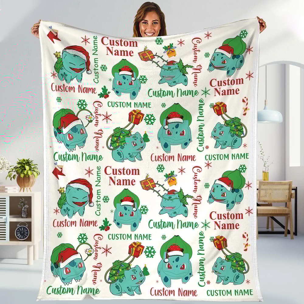 Custom Bulbasaur Fleece Blanket Home Decor Memorial Blanket, Pokemon Bulbasaur Blanket, Christmas Blanket.jpg