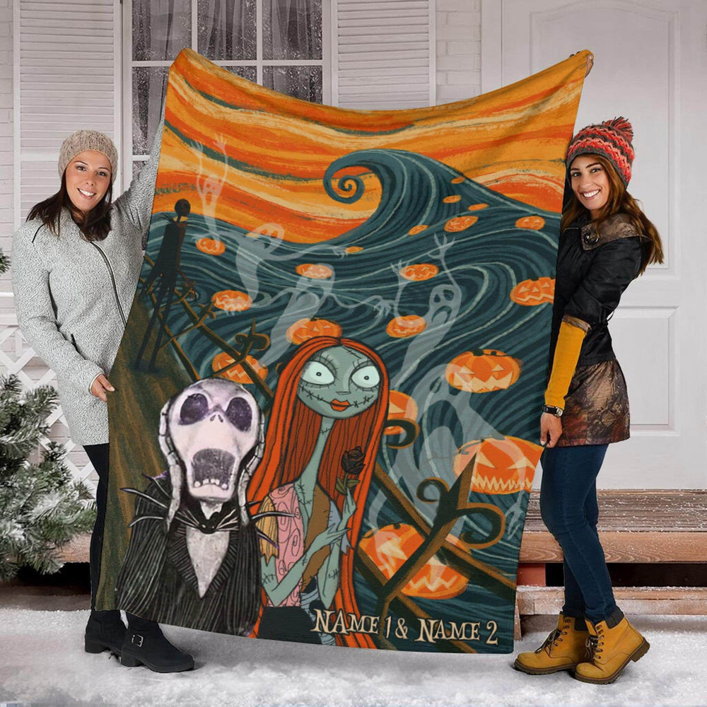 Jack Skellington And Sally Fleece Mink Sherpa,Custom Name Halloween Blanket, Halloween Blanket, Jack Nightmare Blanket, Halloween Decor Home 1.jpg