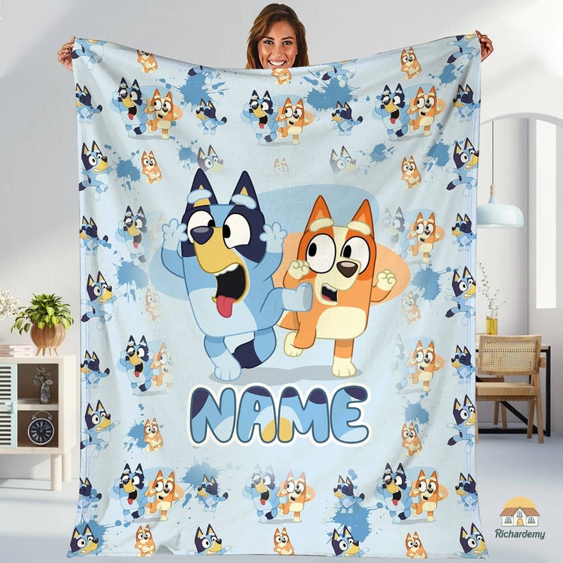 Personalized Bluey Cartoon Blanket, Bluey Family Soft Cozy Fleece Throw Blankets, Bluey Birthday Blanket, Bluey Family Blanket for Kid 1.jpg