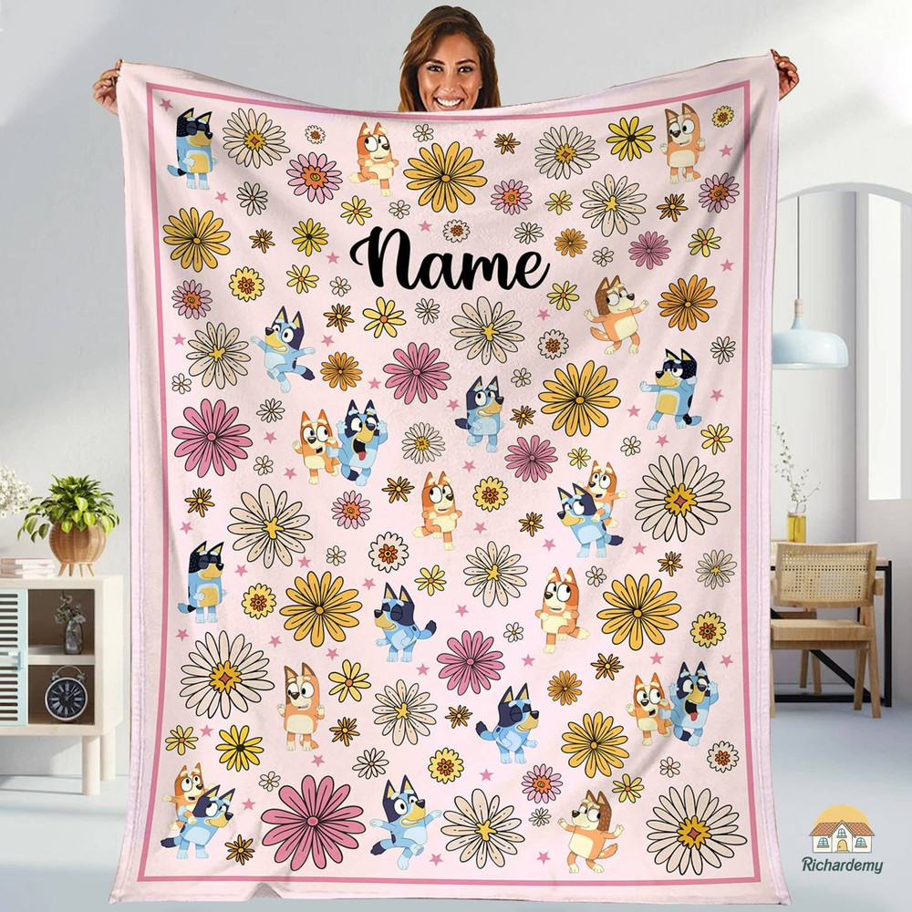 Personalized Bluey Kid Blanket, Blanket kids, Bluey and Bingo Floral Fleece Blanket, Bluey Cartoon, Christmas Blanket for kids.jpg