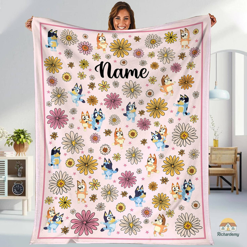 Personalized Bluey Kid Blanket, Blanket kids, Bluey and Bingo Floral Fleece Blanket, Bluey Cartoon, Christmas Blanket for kids.jpg