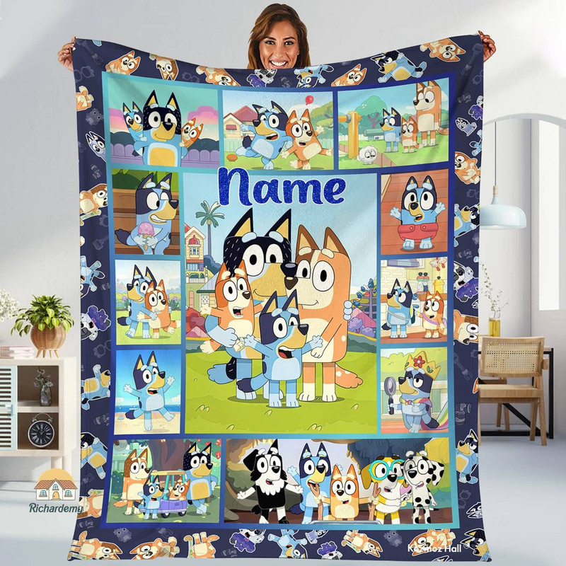 Personalized Bluey Name Blanket, Blanket kids, Bluey and Bingo Fleece Blanket, Bluey Blanket, Kids Home Decor, xmas Blanket for kids.jpg