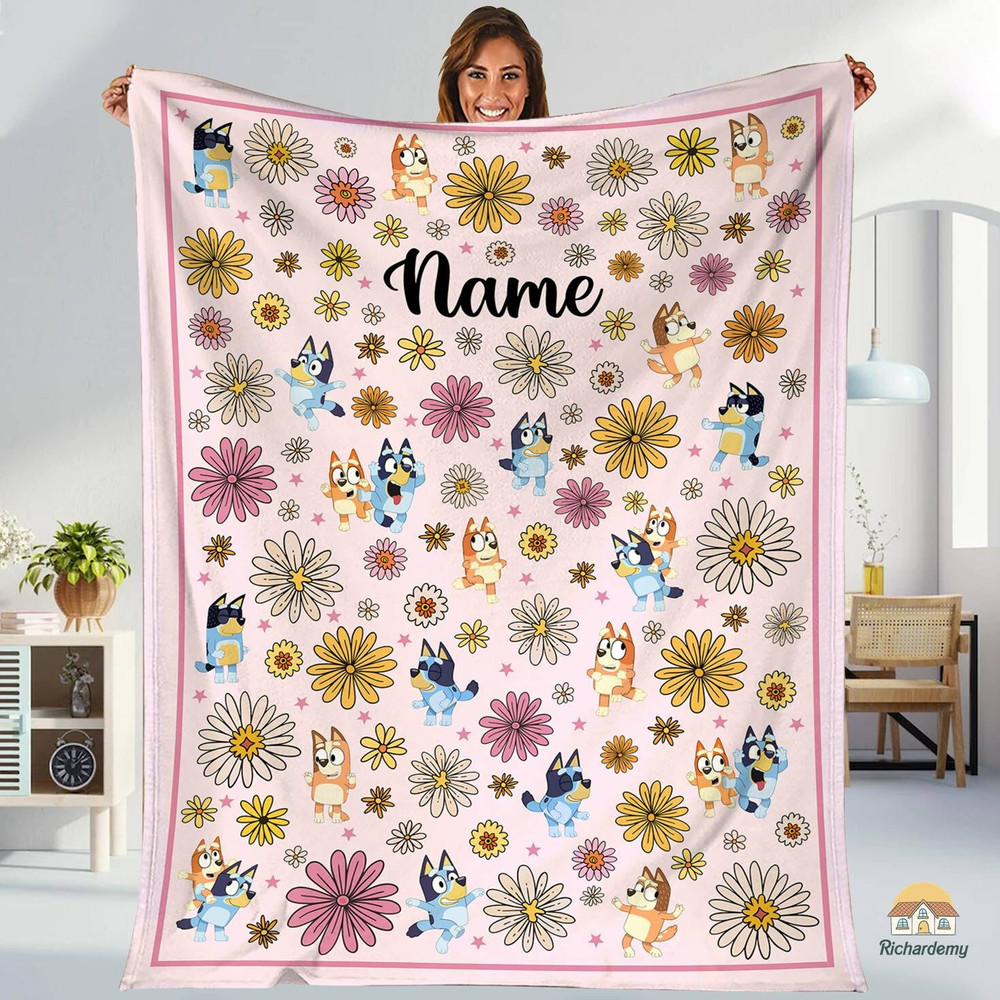 Personalized Floral Bluey Blanket, Bluey Family Soft Cozy Fleece Throw Blankets, Bluey Birthday Blanket, Bluey Family Blanket for Kid.jpg