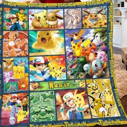personalized eevee evolutions blanket, pikachu and eevee fleece blanket, anime couch sofa blanket, pikachu eevee charman