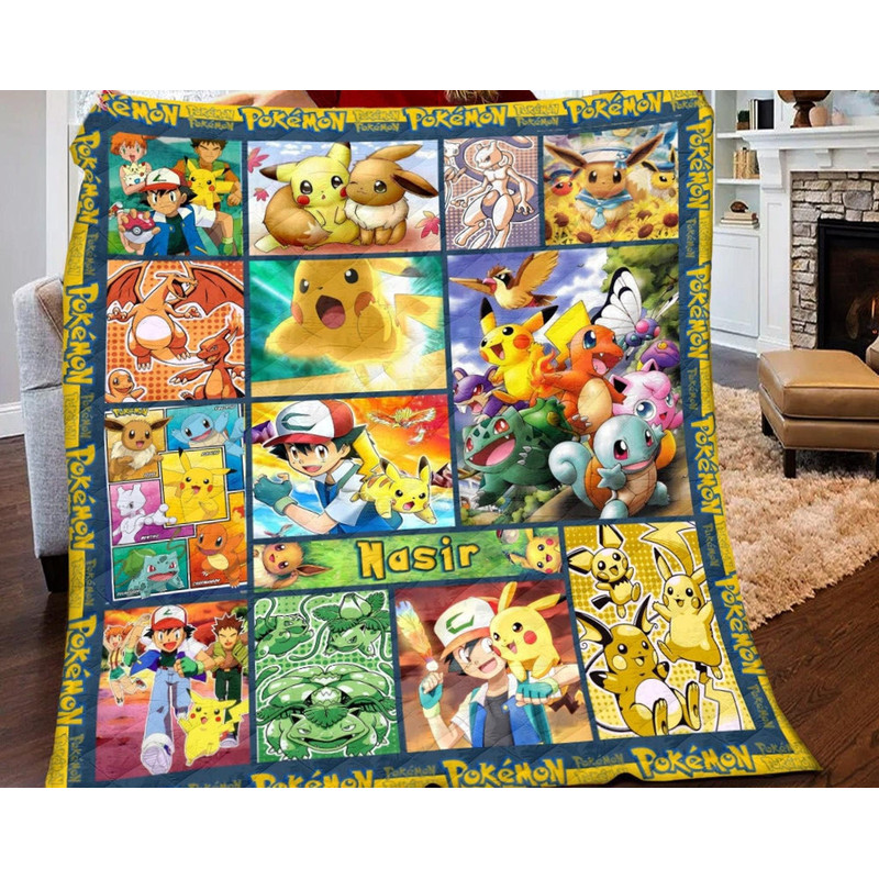 Personalized Eevee Evolutions Blanket, Pikachu And Eevee Fleece Blanket, Anime Couch Sofa Blanket, Pikachu Eevee Charmander Snorlax Gift.jpg