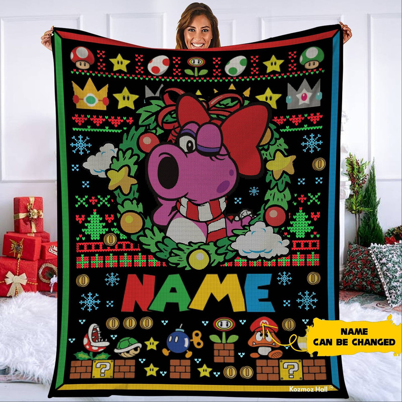 Persionalized Birdo Ugly Christmas Blanket, Mario Birdo Blanket, Super Mario Christmas Blanket, Throw Blanket For Counch Sofa Bed Home Decor.jpg