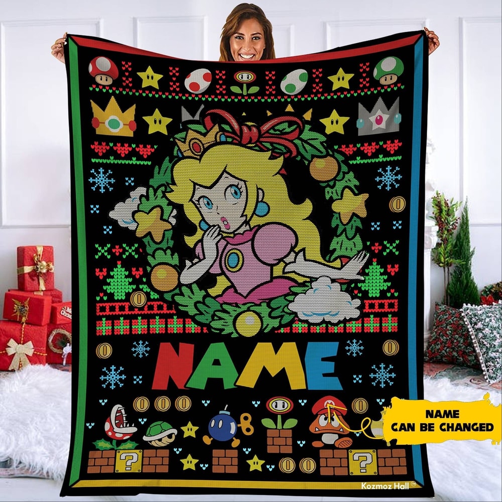Persionalized Princess Peach Ugly Christmas Blanket, Mario Princess Peach Blanket, Super Mario Christmas Blanket, Throw Blanket Home Decor.jpg