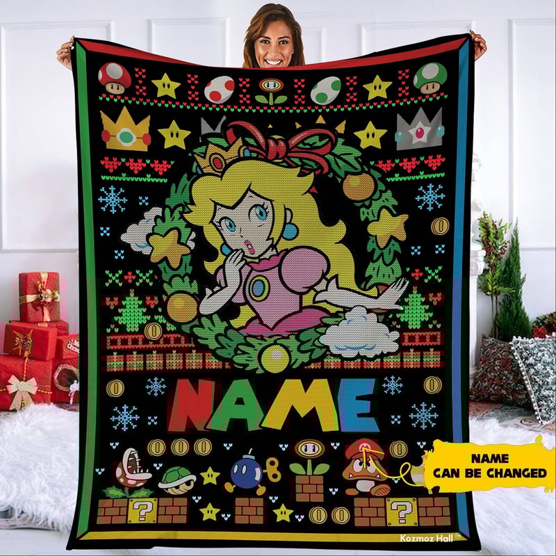 Persionalized Princess Peach Ugly Christmas Blanket, Mario Princess Peach Blanket, Super Mario Christmas Blanket, Throw Blanket Home Decor.jpg