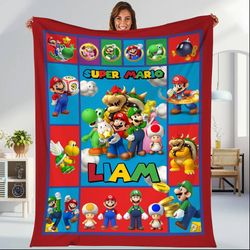 persionalized super mario fleece blanket, super mario blanket, mario luigi bowser princess peach blanket, throw blanket