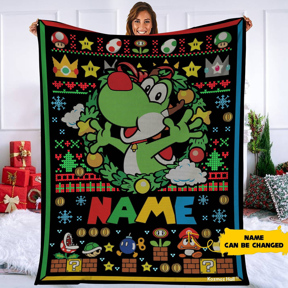 Persionalized Yoshi Ugly Christmas Blanket, Mario Yoshi Blanket, Super Mario Christmas Blanket, Throw Blanket For Counch Sofa Bed Decor.jpg