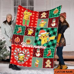 personalized pikachu bulbasaur eevee evolution blanket, pikachu christmas fleece blanket, christmas gifts, throw blanket