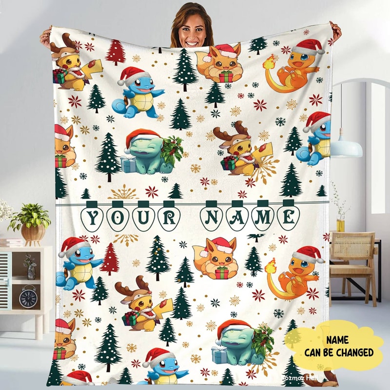 Personalized Pikachu Bulbasaur Eevee Evolution Christmas Blanket, Pikachu Fleece Blanket, Christmas Gifts, Throw Blanket For Bed Couch Sofa.jpg