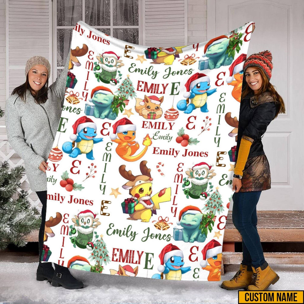 Personalized Pikachu Bulbasaur Eevee Evolution Christmas Blanket, Pikachu Fleece Blanket, Christmas Gifts, Throw Blanket For Bed Couch Sofa 1.jpg