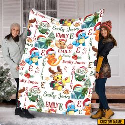 personalized pikachu bulbasaur eevee evolution christmas blanket, pikachu fleece blanket, christmas gifts, throw blanket