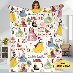 personalized princess fleece blanket christmas, custom name princess blanket, ariel belle tiana princess throw blanket f