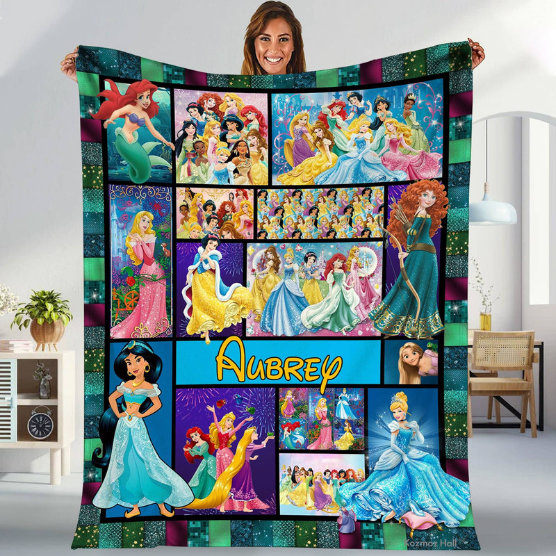 Personalized Princess Fleece Blanket, Cinderella Belle Ariel Princess Blanket, Baby Blanket Birthday Gift, Throw Blanket For Couch Sofa.jpg
