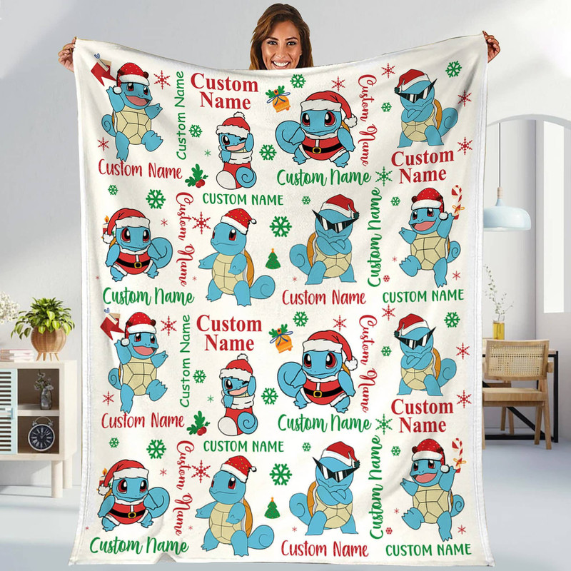 Personalized Squirtle Fleece Blanket  Squirtle Christmas Blanket  Wartortle Blastoise Squirtle Blanket  Pikachu Eevee Evolution Blanket.jpg