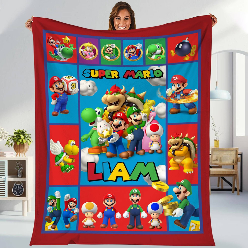 Personalized Super Mario Fleece Blanket Super Mario Birthday Theme Party Mario Luigi Bowser Princess Peach Blanket Bedroom Decor Gift.jpg