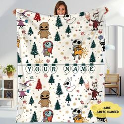 personalized the nightmare before christmas fleece blanket, custom jack and sally blanket, christmas gift, throw blanket