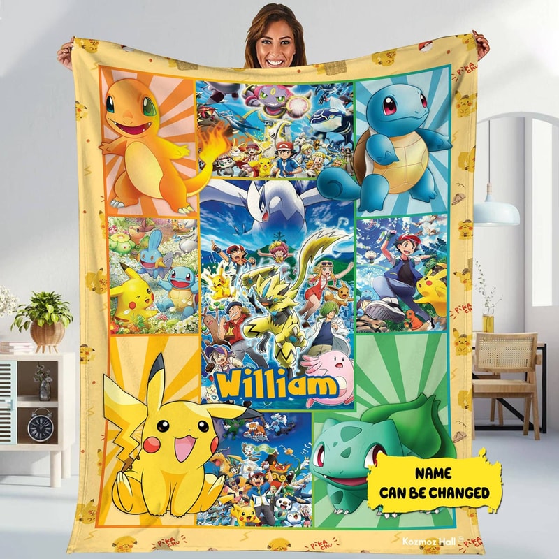 Anime Fleece Blanket Personalized Bulbasaur Blanket, Eevee Snorlax Charmander Blanket, Anime Characters Party Gifts.jpg