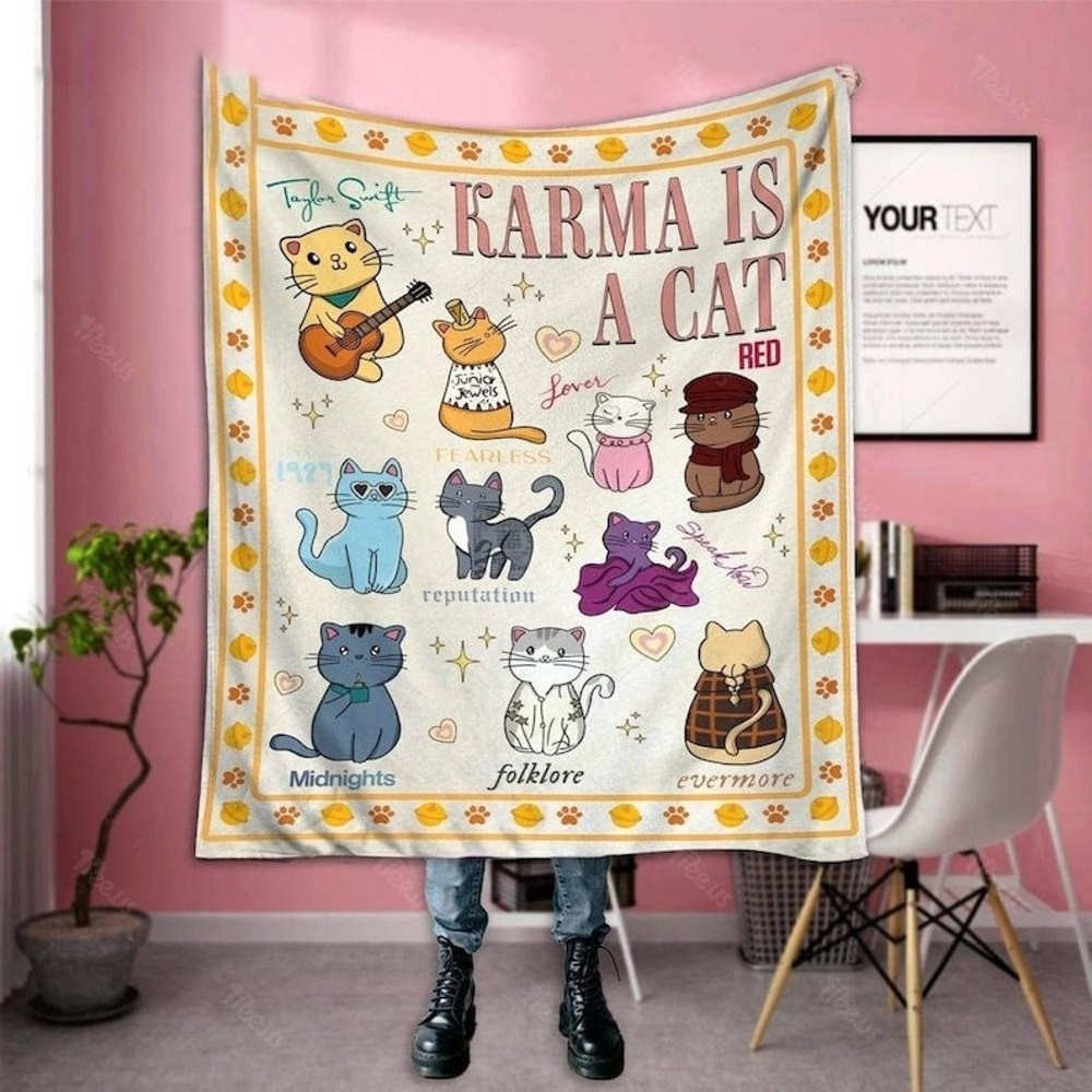 Karma Is A Cat Fleece Blanket, Taylor Sherpa 2023 Blanket,Gift For Swift Fan, The Eras Tour Merch, 1989 Album Cover Concert Seagull Blankets1.jpg