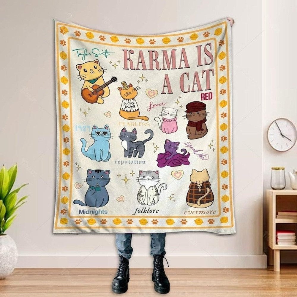 Karma Is A Cat Fleece Blanket, Taylor Sherpa 2023 Blanket,Gift For Swift Fan, The Eras Tour Merch, 1989 Album Cover Concert Seagull Blankets2.jpg