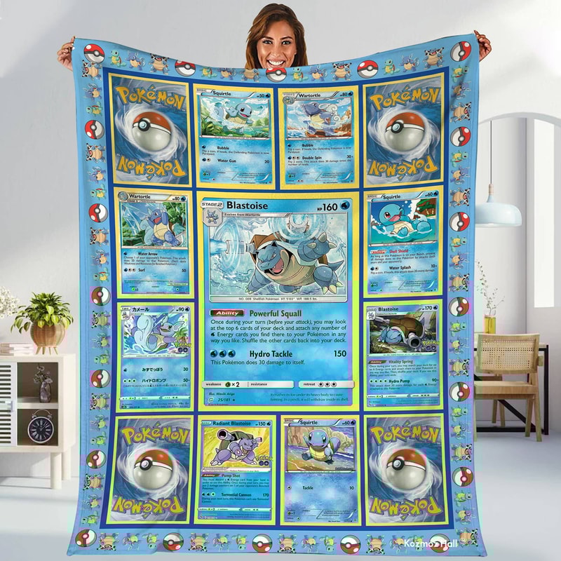 Squirtle Fleece Blanket Squirtle Evolutions Trading Card Blanket Lover Anime Charizard Blanket Blastoise Collection Card Blanket.jpg