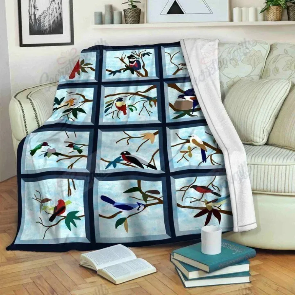 Colorful Birds On Bough Square Pattern Sherpa Fleece Quilt Blanket BL0900 - Wisdom Teez.jpg