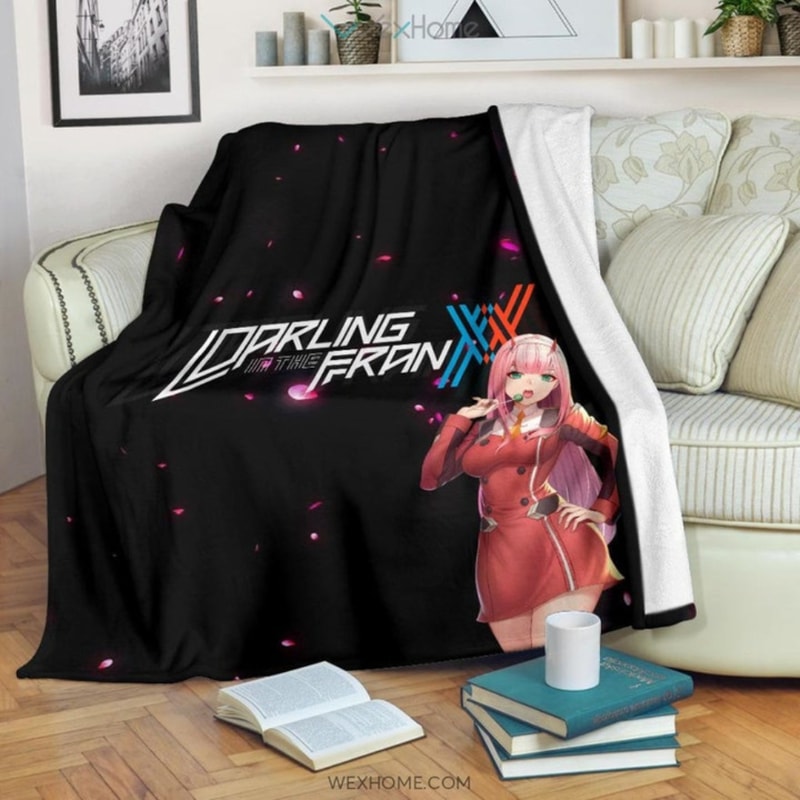 Darling In The Franxx Anime Sexy Zero Two Eating Candy Cherry Blossom Sherpa Fleece Quilt Blanket BL3074 - Wisdom Teez.jpg